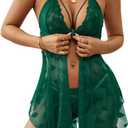 Sexy Lingerie for Women Lace Babydoll with Heart Print V Neck Nighty Mesh Sleepwear Front Slit Nightdress (Green)