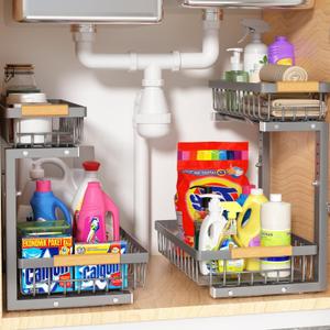 Liuoud Under Sink Organizer Storage 2 Pack, 2 Tier Slide Out Height Adjustable Pull Out Cabinet Organizer Drawer for Kitchen Bathroom Large Under Sink Shelf Rack Caddy for Pantry, Grey
