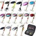 Spinnerbaits Fishing Lures Kit, 16pcs Inline Spinner Baits Kit with Bag for Bass Trout Salmon Walleye Rooster Feather Tail Spoon Lures Hard Metal Spinnerbait Fishing Tackle