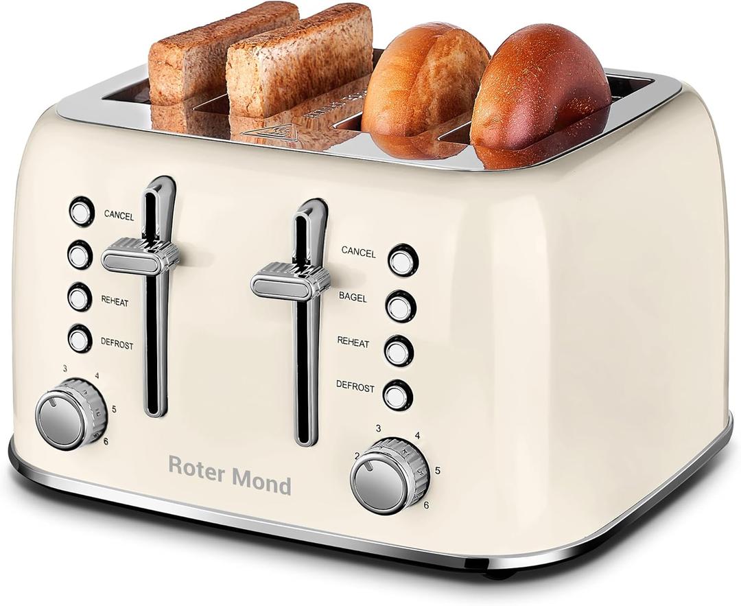 Roter Mond Toaster 4 Slice Retro Stainless Steel with Extra Wide Slots Bagel, Defrost, Reheat Function, Dual Independent Control Panel, Removable Crumb Tray, 6 Browning Levels, Cream White