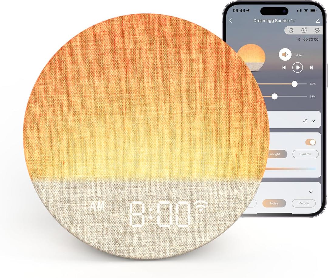 Dreamegg Sunrise 1+ Sound Machine, Sunrise Alarm Clock, Night Light, APP Control, Sleep Routines, Favorites Mode, 34 Soothing Sounds, White Noise Sound Machine, Wake Up Light for Bedrooms, Adults
