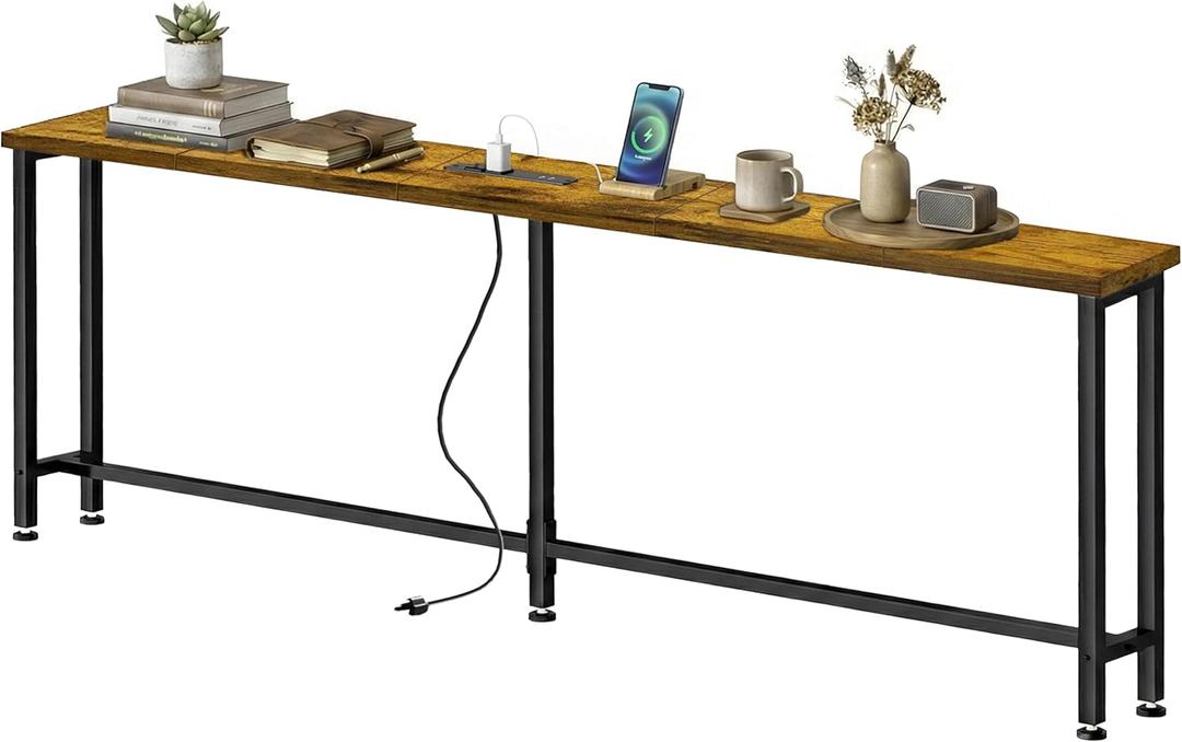 90" Narrow Sofa Table with Outlets (4 AC Outlets & 4 USB Ports), Behind Couch Table with Charging Station, Long Skinny Console Table for Living Room, Entryway and Hallway (Rustic Brown)