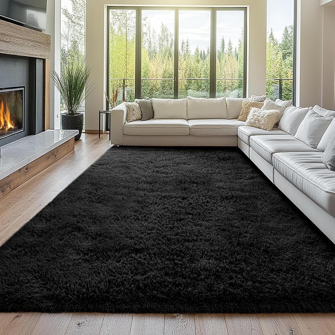 Black Shag Area Rug 9x12 Bedroom: Large Soft Shag Plush Rugs for Living Room Bedroom- Non-Slip Modern Shaggy Fluffy Rugs- Plush Indoor Floor Carpets, Black, 9x12 Feet