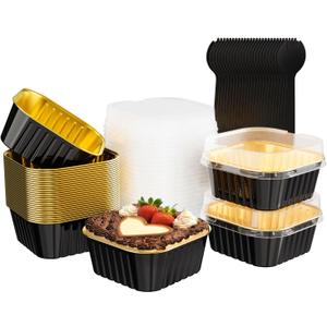 Ksmxos 25 Pack Square Mini Cake Pans with Lids,Mini Loaf Pans with Lids, Aluminum Foil Baking Cups,Disposable Ramekins Cupcake Cups,Dessert Cups for Wedding Birthday Party, 5 Oz (Black&Gold)