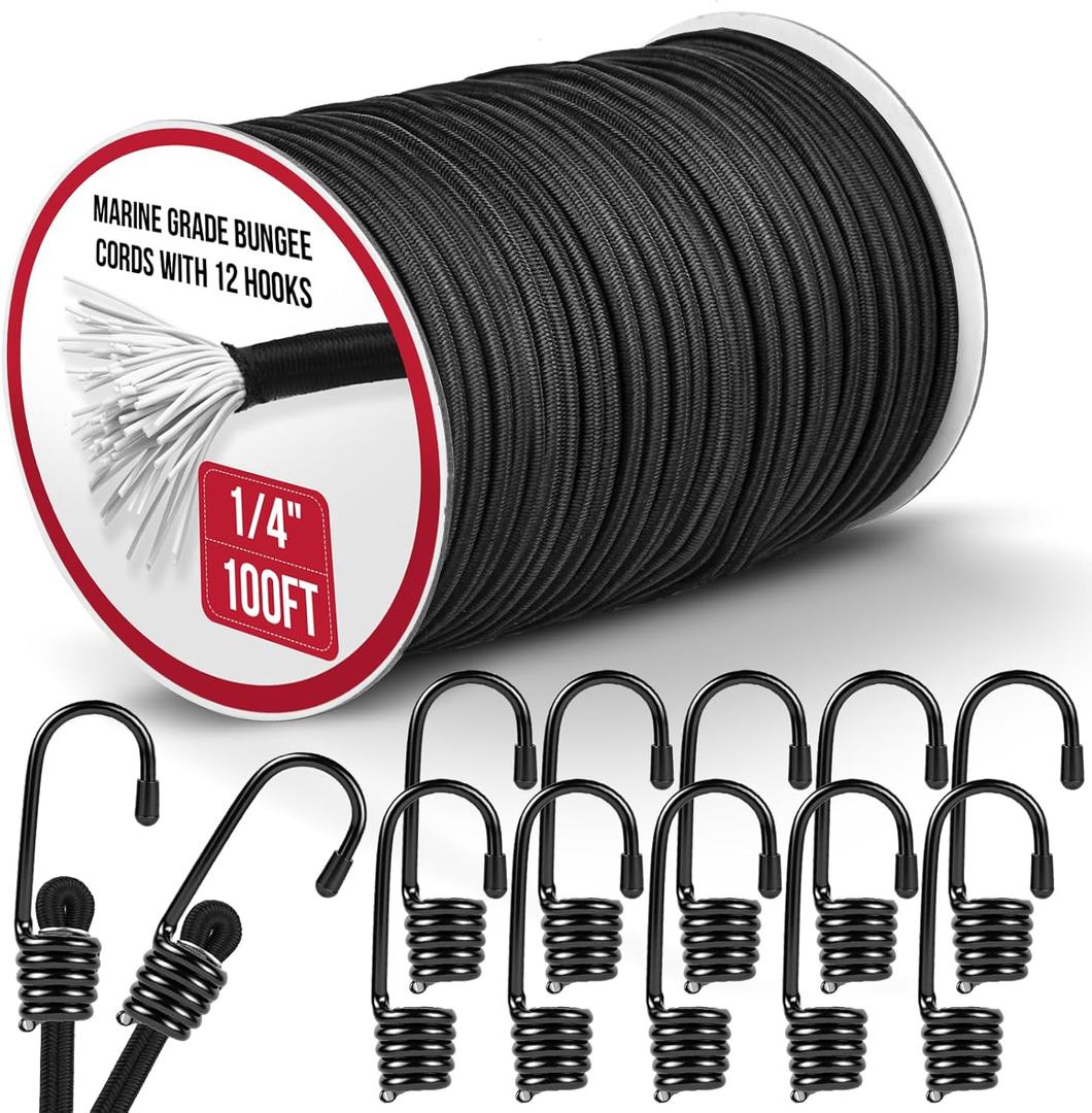Marine Grade Heavy Duty Bungee Cord Roll with 12 Hooks - Black Elastic Shock Cord Kit for Kayak Deck, Outdoor Camping, Tarp Tie Downs, Bike Rack, DIY Assorted Bungee Ropes (1/4" x 100ft)
