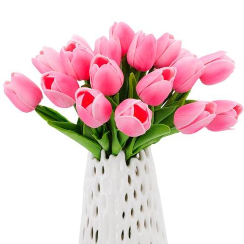 WeTop 30pcs Real Touch Tulips PU Artificial Flowers, Fake Tulips Flowers for Arrangement Wedding Party Easter Spring Home Dining Room Office Decoration. (Pink, 14" Tall)