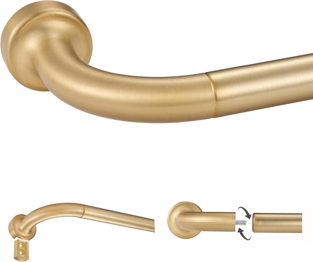 Warm Gold Disc Curtain Rods, 84-144 Inches Window Curtain Rod,Adjustable Room Darkening Drapery Rod with Aluminum Finials and Brackets,Wrap Around Design