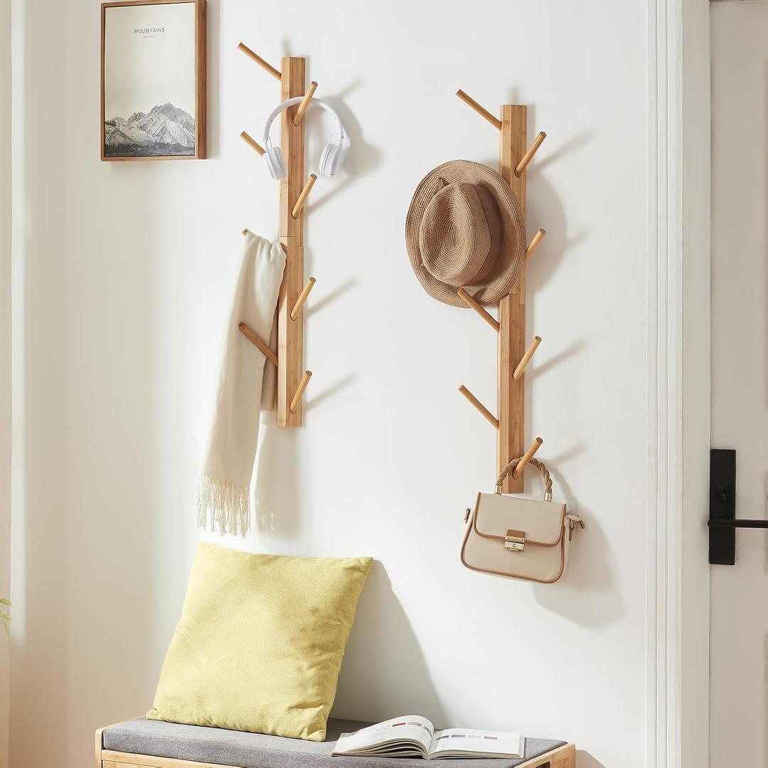 2 Pack Coat Rack Vertical Wall Mount, Bamboo Coats Hooks Clothes Holder Hanger for Wall Coat Hat Jacket Clothing Bathroom Robes Mudroom Entryway(Natural)
