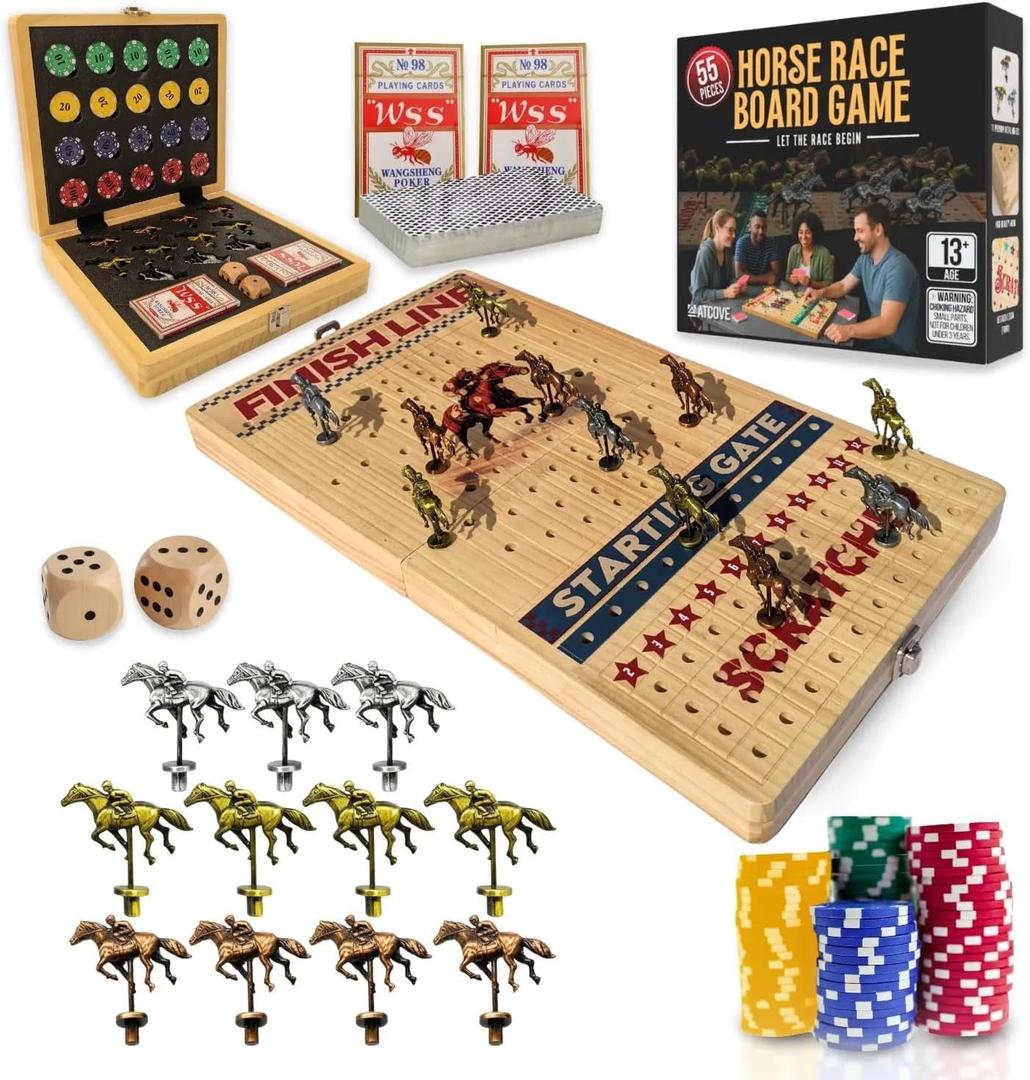 Horse Racing Board Game - Large 22 Inches Folding Horse Race Game Board Adult - Exciting Family Racing Set with Built-in Storage for Premium Chips, 2 Sets of Cards, 2 Dice, and 11 Metal Derby Tokens