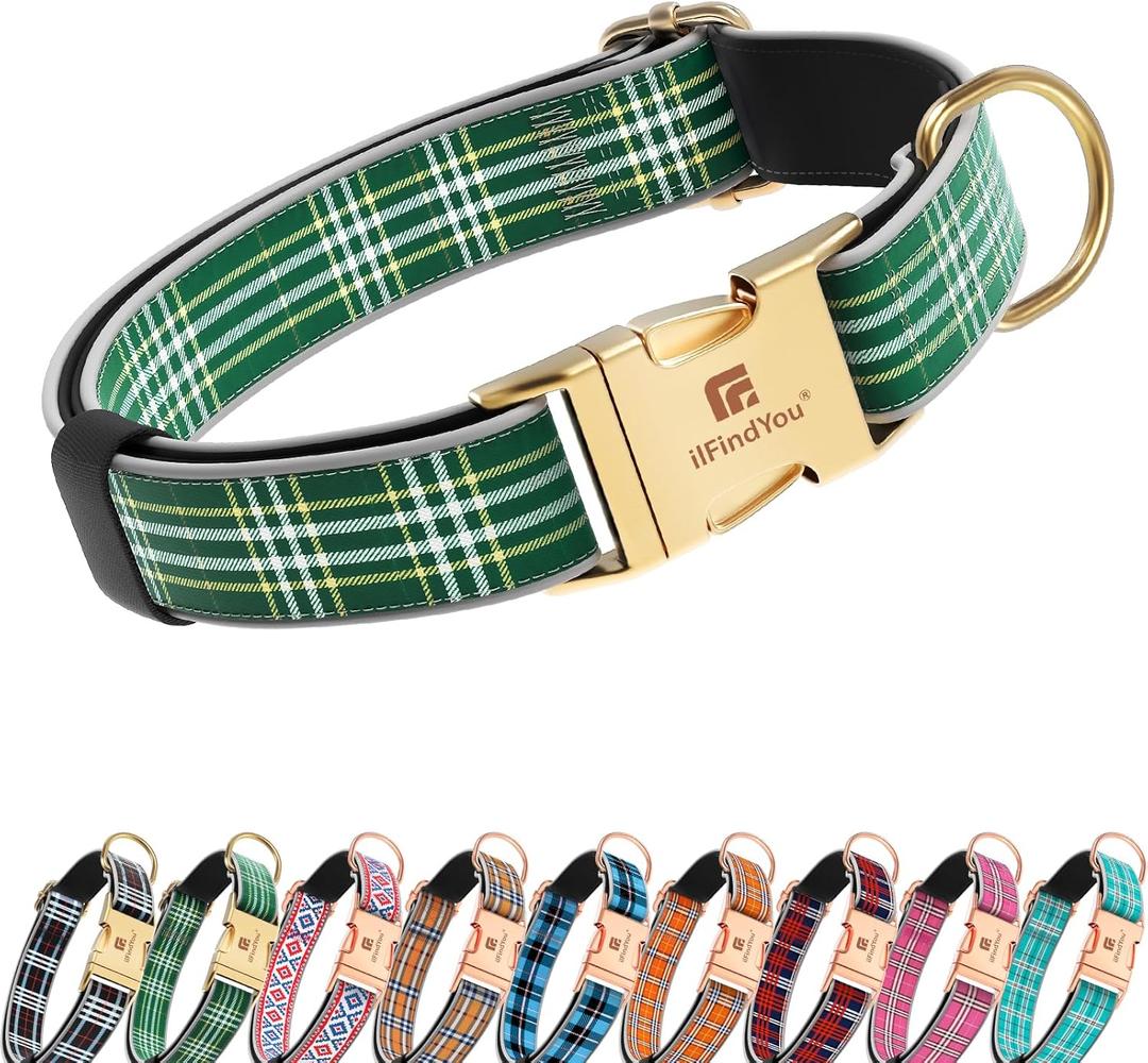 Dog Collar for Medium Dogs, Stylish Green Checkered Plaid, Elegant Reflective and Adjustable Dog Collar with Metal Buckle, Suitable for Female Dogs M