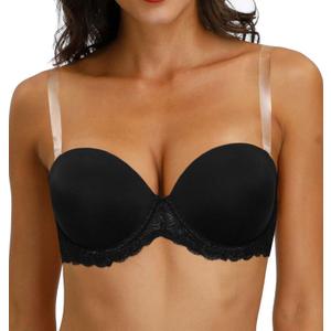 Strapless Clear Back Strap Convertible Bra with Lace Padded Underwired Plus Size Brassiere (Black), Size 36C