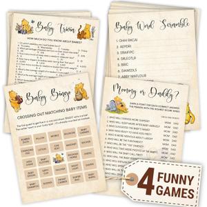 Winnie Baby Shower Games Boy - Pooh Baby Shower Bingo Cards for 25 Guests, Word Scramble Favors, Guess Who Mommy Or Daddy Game Ideas for Party Decorations