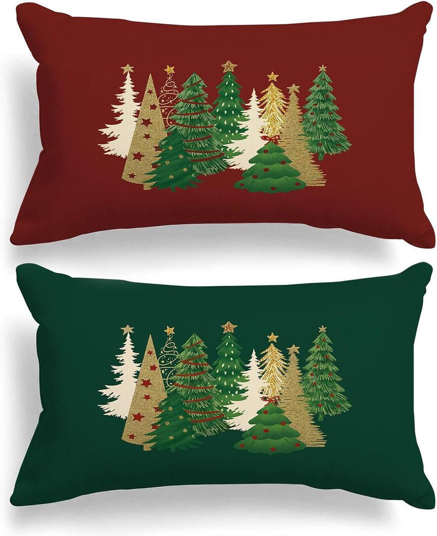 Lanpn Christmas King Pillowcase 20x36 Set of 2, Red Green Decorative Lumbar Pillow Cases 20 x 36 Long Rectangle King Shams Throw Bed Pillow Covers Holiday Xmas Cushion Cover 2 Pack