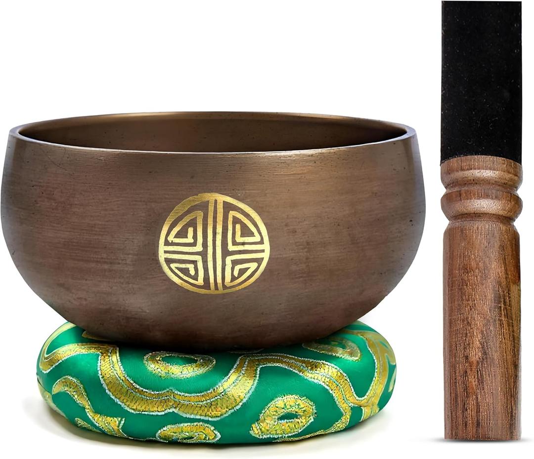 Tibetan Singing Bowl Set Brass - Master Healing Grade - Authentic Handcrafted Sound Bowl by Himalayan Bazaar (Black and Red) (Brown Mantra)