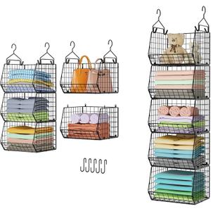 5 Tier Closet Hanging Organizer, Clothes Hanging Shelves with 4 Hanging Hooks 5 S Hooks, Wire Storage Basket Bins, for Clothing Sweaters Shoes Handbags Clutches Accessories Patent Design
