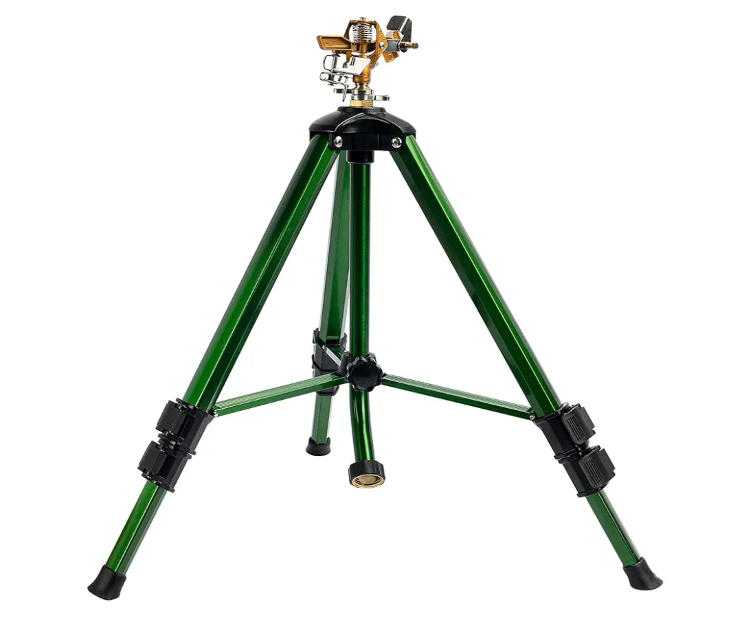 Hourleey Impact Sprinkler on Tripod Base, Heavy Duty Brass Sprinklers for Yard Lawn Garden, 0-360 Degree Large Area Coverage, 3/4 Inch Connector Extension Legs Flip Locks with Brass Sprinkler Head