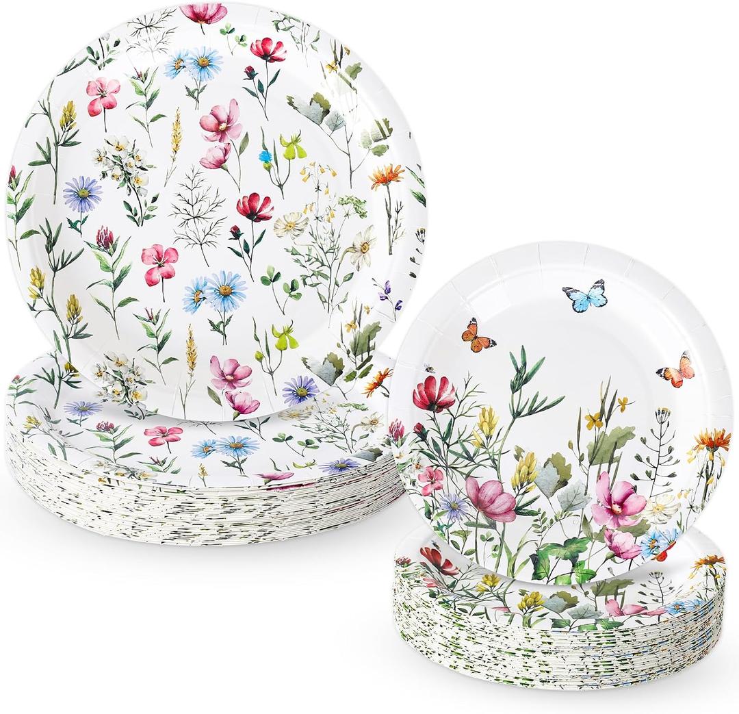 Whaline 40 Pcs Wildflower Paper Plates Floral Flower Party Decoration 7 In & 9 Inch Disposable Dessert Plates for Spring Summer Picnic Birthday Bridal Shower Baby Shower Party Tableware Supplies