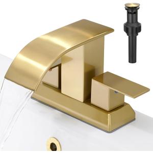 Hoimpro 3 Holes 4 Inch Bathroom Faucet, Waterfall Brushed Gold Bathroom Faucet Two Handles Centerset Bathroom Sink Faucet Vanity Sink Faucet with cUPC Supply Hoses and Pop Up Drain