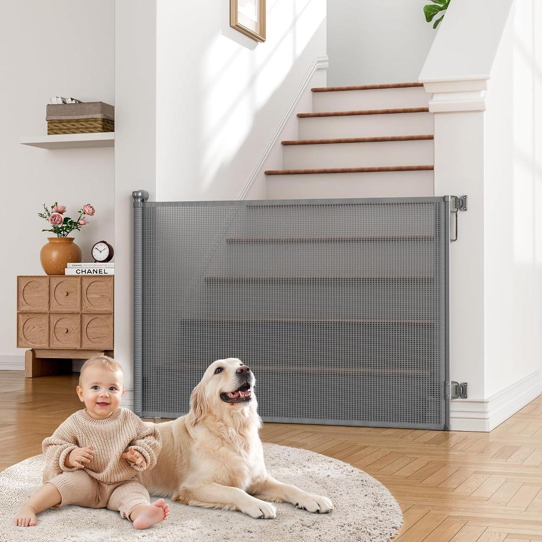 Babepai Retractable Baby Gates Extra Wide | 55" Wide x 38" Tall Dog Gates for Stairs | Indoor/Outdoor Use | Child Gates for Doorways, Deck, Porch, Hallways, Patio - Gray