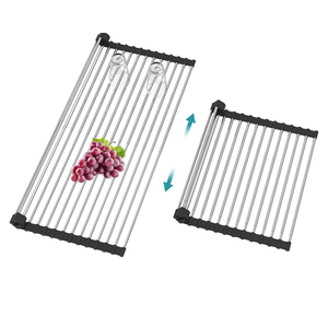 Extra Large Expandable Roll Up Dish Drying Rack,Over The Sink Drying Rack Sink Cover Kitchen Sink Accessories Kitchen Rolling up Stainless Steel Drainer, Foldable,Rollable（Black，25.1''-12.4''）