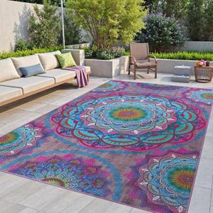 Arenarug Meditation Indoor Outdoor Rug 8x10 ft Mandala Pattern Rug Boho Style,Yoga Meditation Mat Picnic Rug for Patio Living Room Porch Garden Deck Backyard Easy to Clean Non Shedding Non-Slip