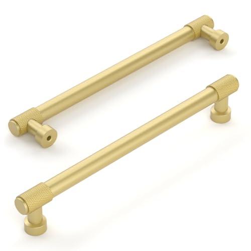 Amerdeco 10 Pack Brushed Gold Knurled Cabinet Pulls 7 Inch(177.8mm) Hole Center Kitchen Cabinet Handles Drawer Pulls Cabinet Hardware ZH0034