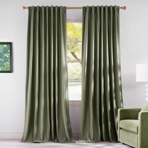 NICETOWN Velvet Sage Green Curtains 96 inches Long, Rod Pocket & Back Tab Room Darkening Window Treatments Thermal Drapes for Bedroom/Living Room, 2 Panels, W52 x L96