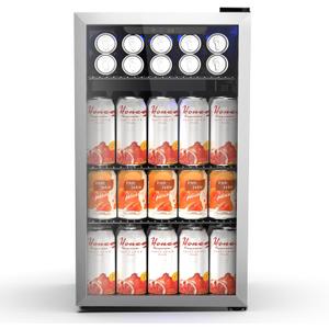 130 Can Beverage Refrigerator Built In Freestanding Wine Fridge with Stainless Steel Reversible Glass Door, Quiet Compressor LED Touch Control for Home Kitchen Bar, 3.2 Cu.ft Silver