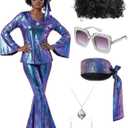Jexine 70s Women Disco Outfit Costume Disco Party Top Pants Sunglasses Ball Necklace Earring Wig for Halloween New Year Eve (XX-Large, Laser Purple)