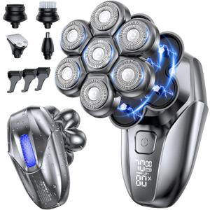 Head Shavers for Bald Men, 5-in-1 Electric Shaver Grooming Kit, 7D Floating IPX7 Waterproof Rechargeable Wet/Dry Razor for Skull Bald Head, Body Hair, with Massager, Gray (Steel Gray Silver)