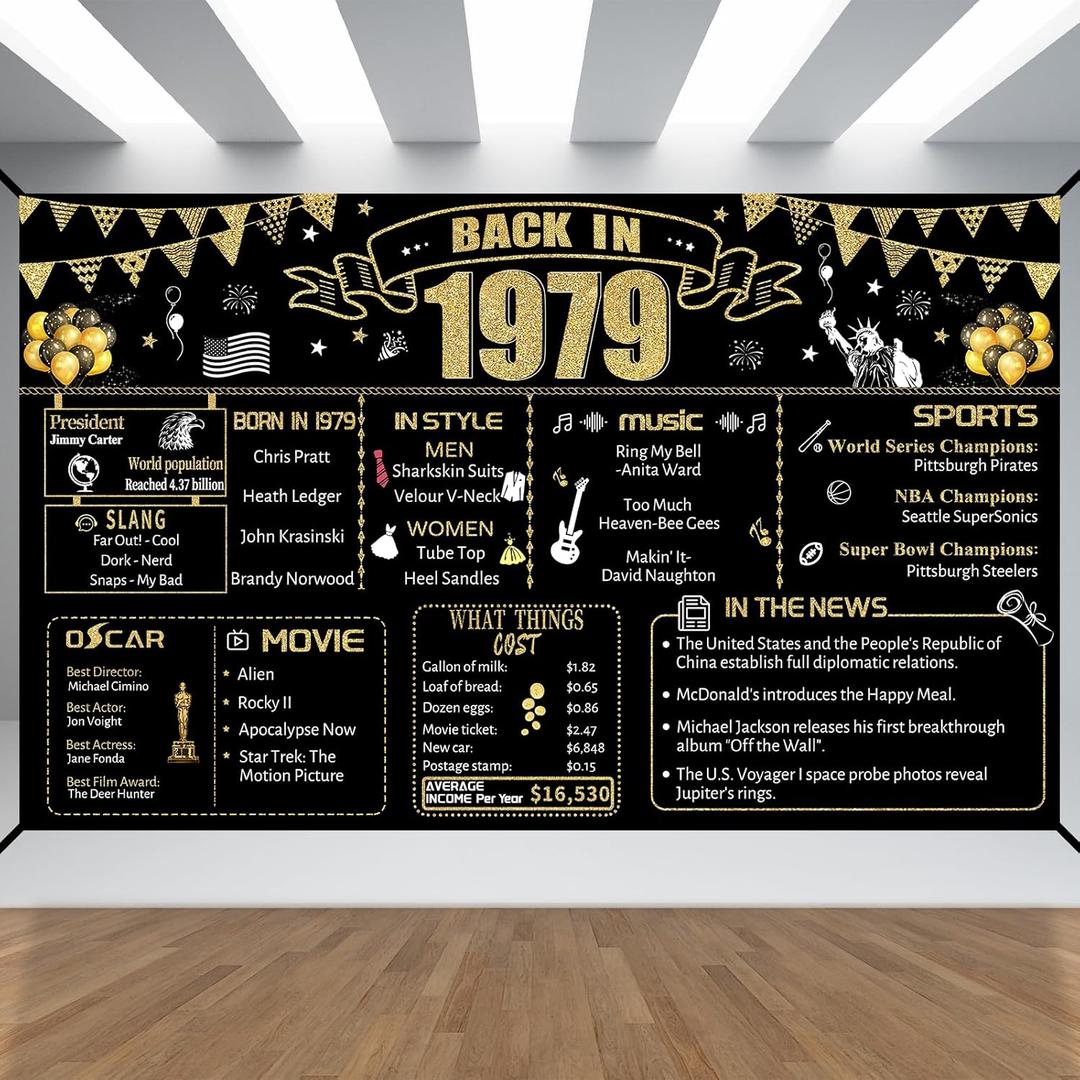 47th Decorative Cloth for Women or Men, Birthday Banner With Holes, Built-in White Ribbon 1979 47th Year for Mother Dad Old Happy Birthday Banner, OutdoorIndoor Bday Background Decor