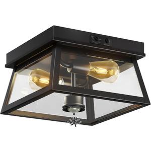 Motion Sensor Outdoor Ceiling Light, Flush Mount Black Porch Ceiling Lights Adjustable 2-Light Fixture with E26 Sockets, Closed Bottom, Glass and Metal for Garage, Patio, Hallway, Farmhouse