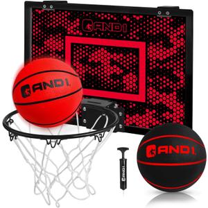 AND1 Over the Door Mini Basketball Hoop: 18x12 Shatterproof Backboard, 2 Mini Basketballs, and Hand Pump Included- Ultimate Indoor Basketball Accessory for Kids and Adults, No Tools Required