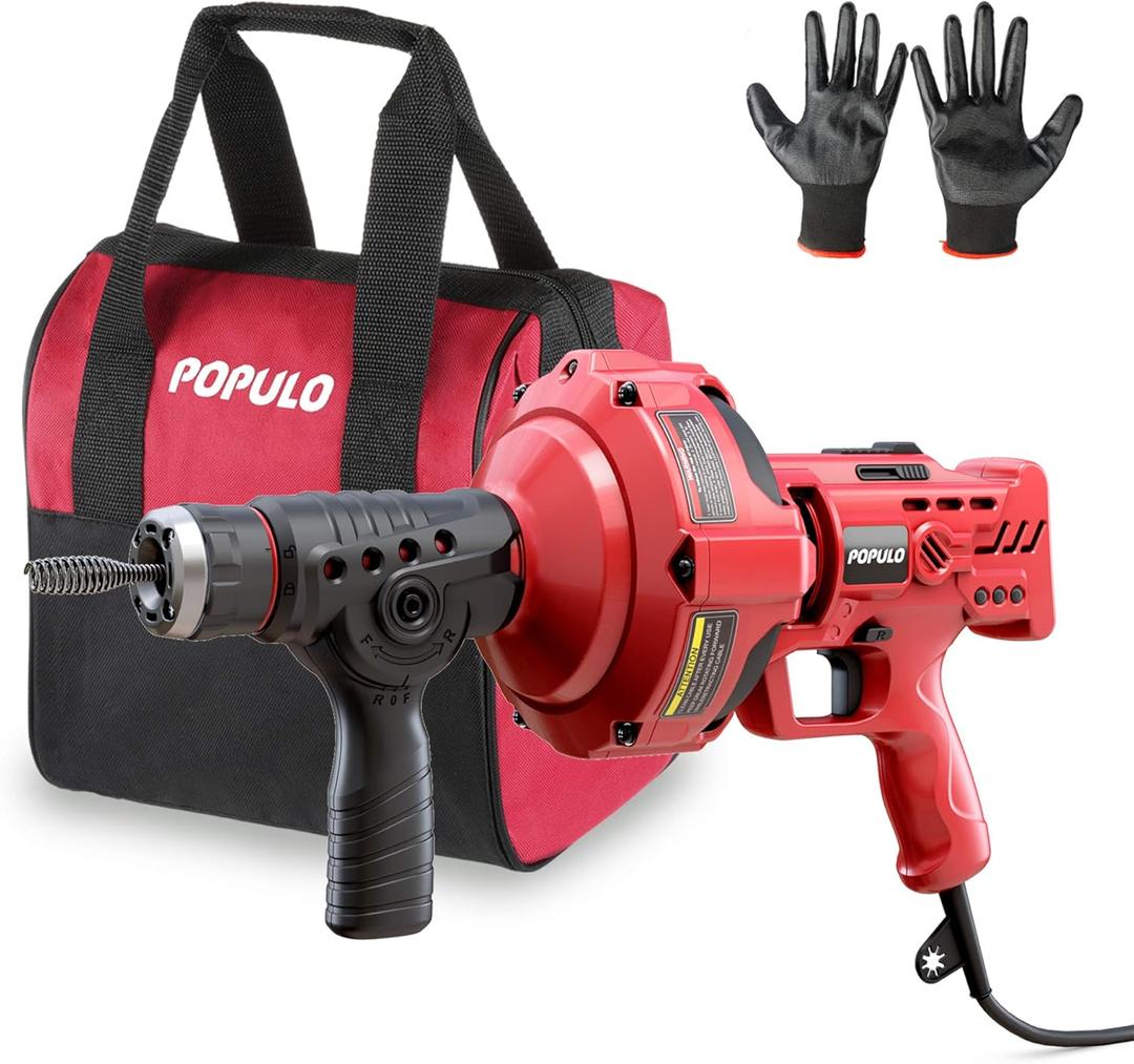 POPULO 120V Auto Feed Drain Auger,23 FT Drain Snake Suitable For 3/4"-2" Pipes For Unclogging Sinks,Shower Floor Drain and Outdoor Drain Pipe.Plumbers Snake Cleaner Include Glove,Cloth Bag
