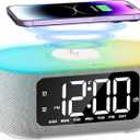 JALL Fabric Alarm Clock for Bedroom, with Big Led Screen Display, Bluetooth Stereo Sound Speaker, FM Radio, Fast Wireless Charging, USB Charging Port, Nightlight, White Noise, Ideal for Gift, Gray