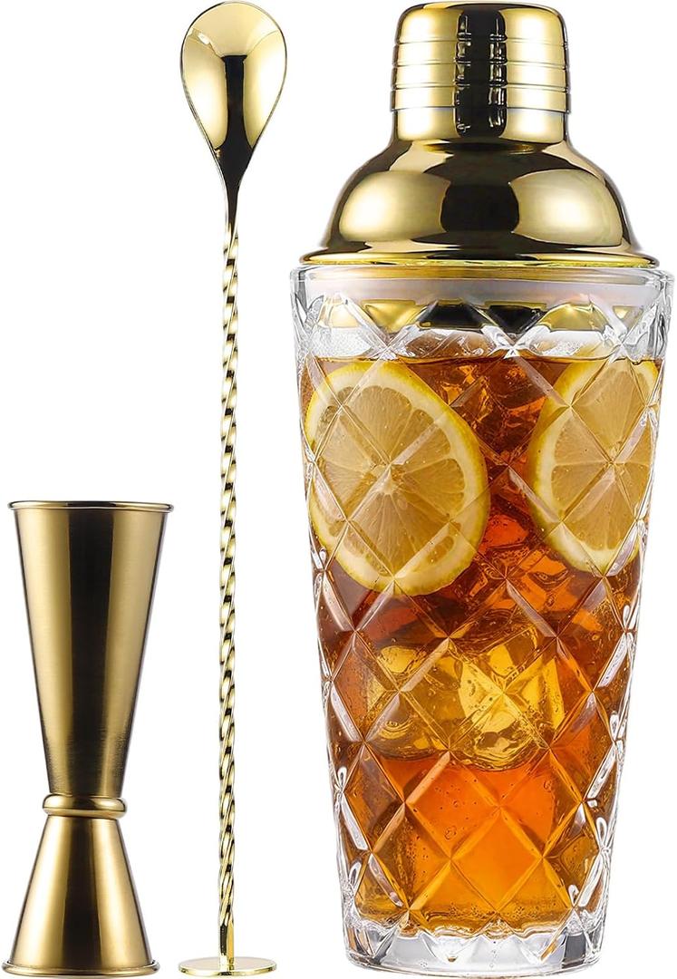 Glass Cocktail Shaker Set with Built-in Strainer  16oz Thickened Pineapple Glass Gold Shaker Set, Gold Jigger & Bar Spoon with Muddler for Home Bar/Trolley Dcor/Margaritas/Martinis