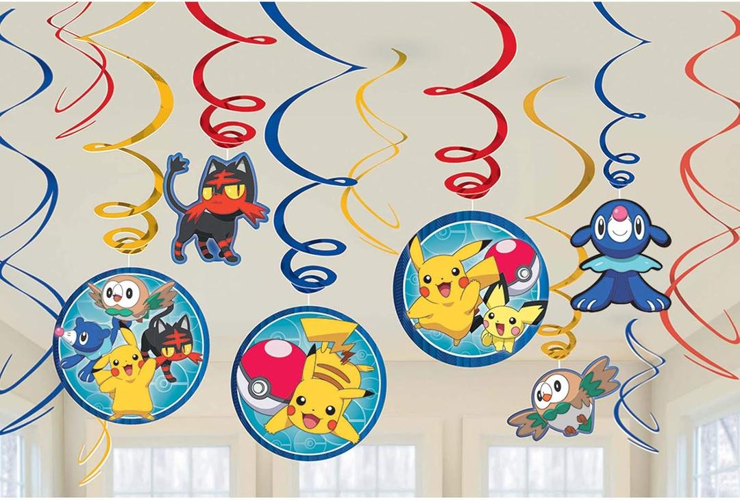 Pokemon Spiral Hanging Decorations (Pack of 12) - Multicolor Paper Swirls - Perfect for Kids' Themed Parties & Events