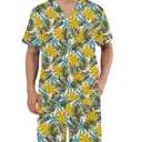 Veseacky Hawaiian Flower Print Pajamas for Men Button Down Short Sleeve Shorts Set (White Floral Leaf,L) (L)