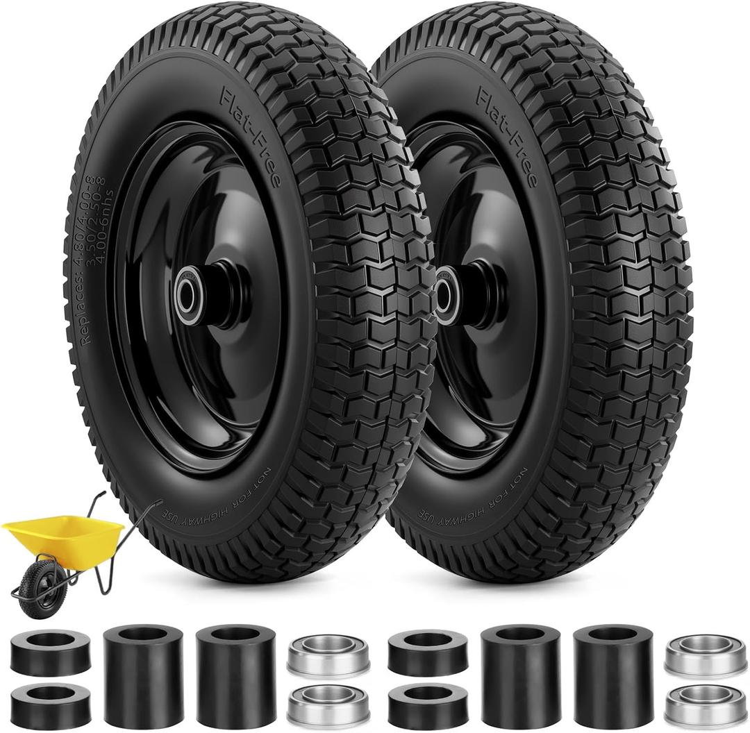 2 x 4.80/4.00-8" Flat Free Wheelbarrow Tire - 14.5" 2PCS Solid Tire and Wheel with 5/8" or 3/4" Bearings, Universal Replacements with 3" - 7" Centered Hub Fit for 4.8/4.00-8", 3.50/2.50-8", 4.00-6"(Black)