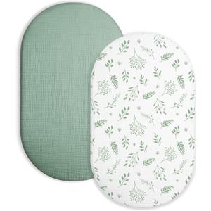 Bassinet Sheet for Baby Boy and Girl 2 Pack, Fitted Sheets for Rectangle, Oval, Hourglass Bassinet Mattress, Muslin Moses Basket Sheets with Neutral Style (Fern Leaf & Sage)