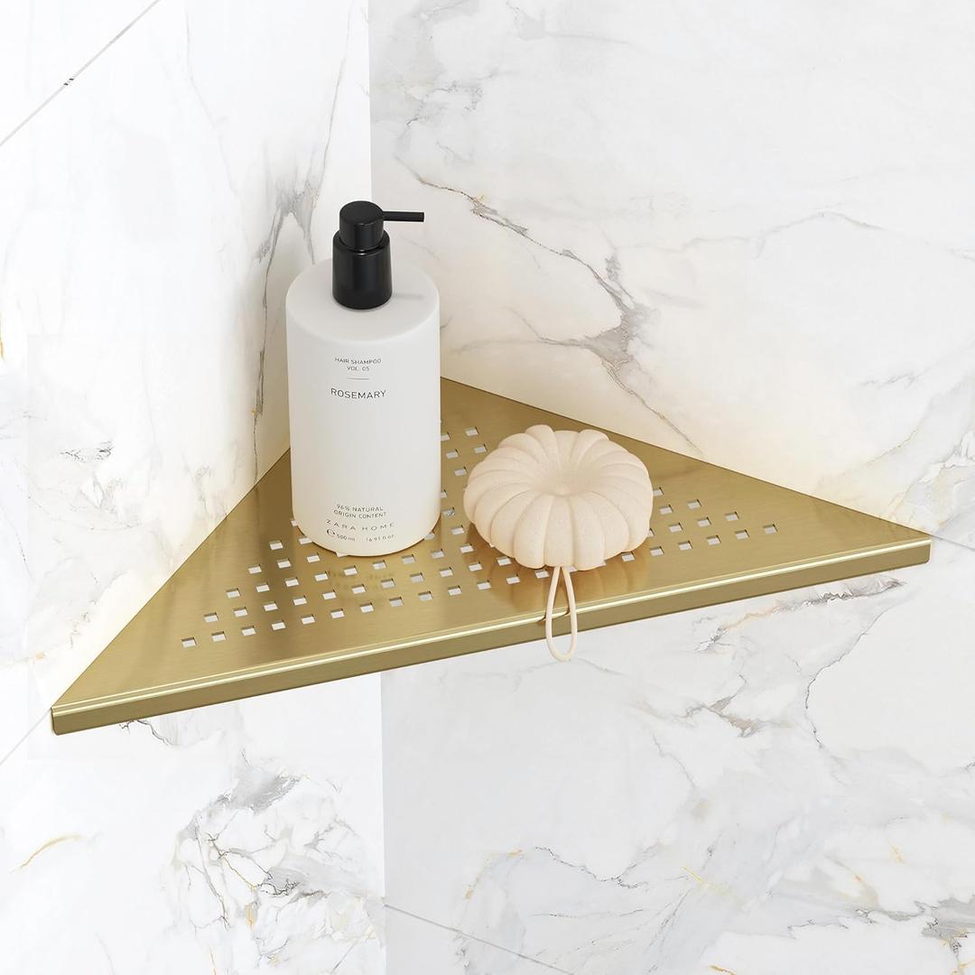 Bathroom Corner Shelf, Recessed 10" Shower Shelf Caddy, SUS304 Stainless Steel Shelf Wall Mount Triangular, No Drilling, Brushed Golden