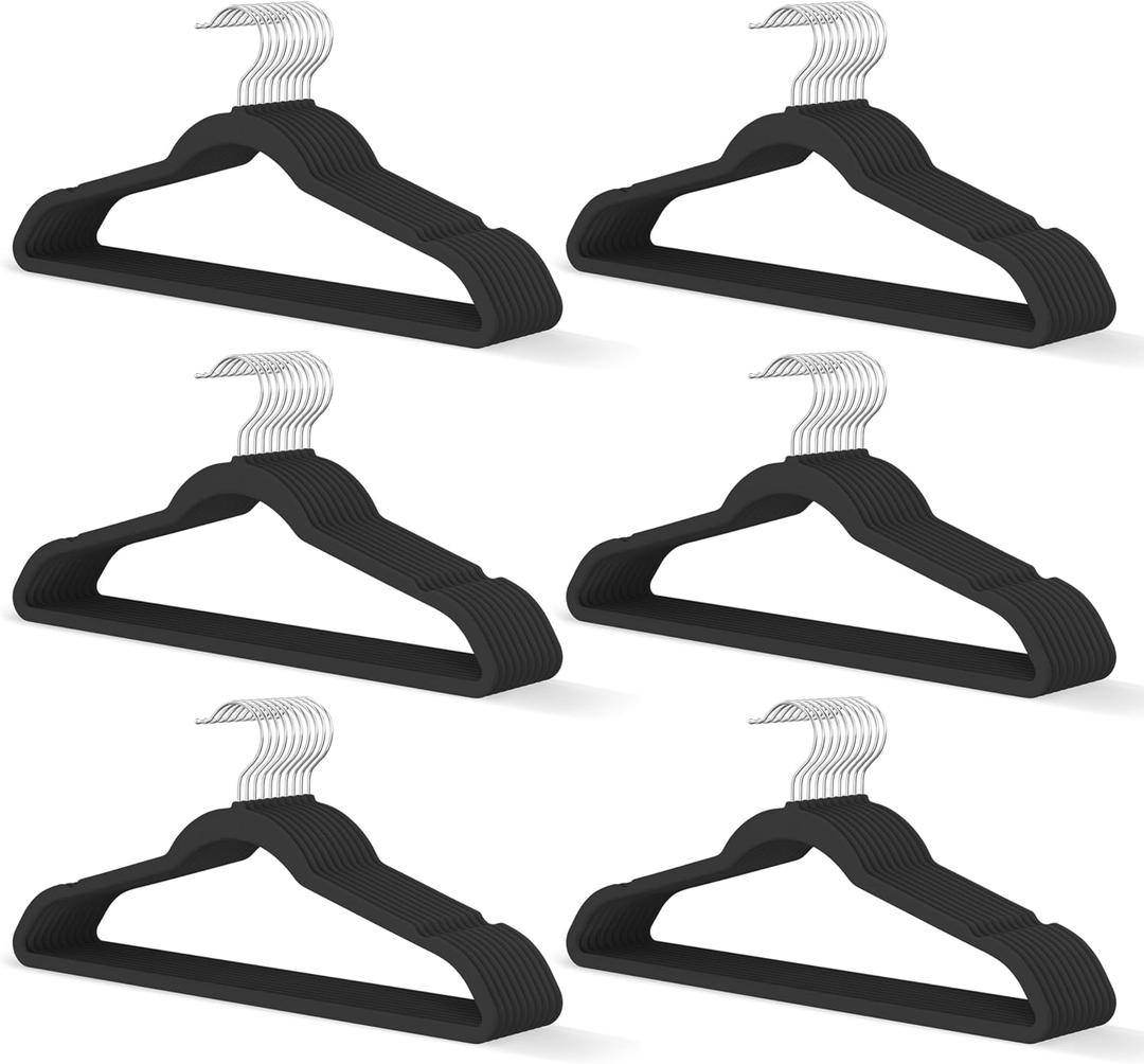 Black Velvet Hangers 60 Pack, Slim Space Saving Suit Hangers for Closet Organizer, Rotating Silver Hook, Non Slip Clothes Felt Hanger Heavy Duty for Coat,Shirt, Pants, Camisole, Dress
