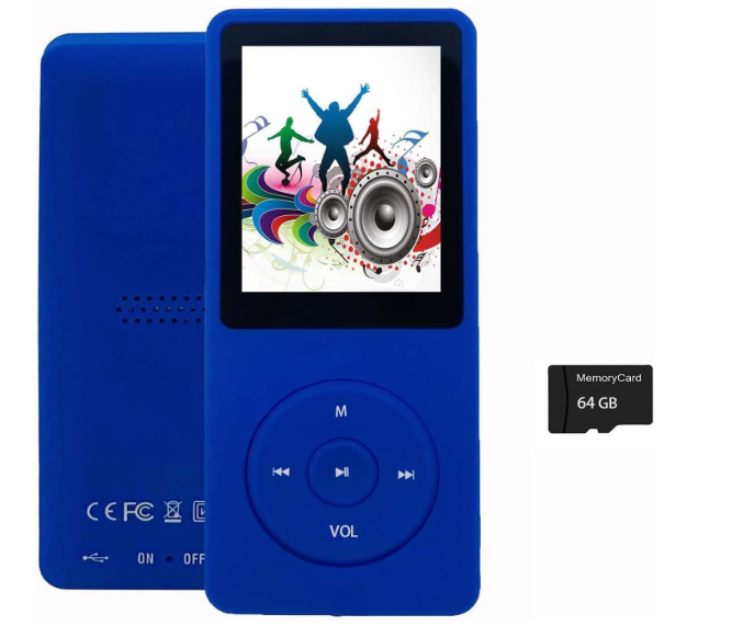 64GB MP3 Player with Speaker Earphones Portable Music Player for Kids Support Voice Recording Picture Video E-Book, Blue