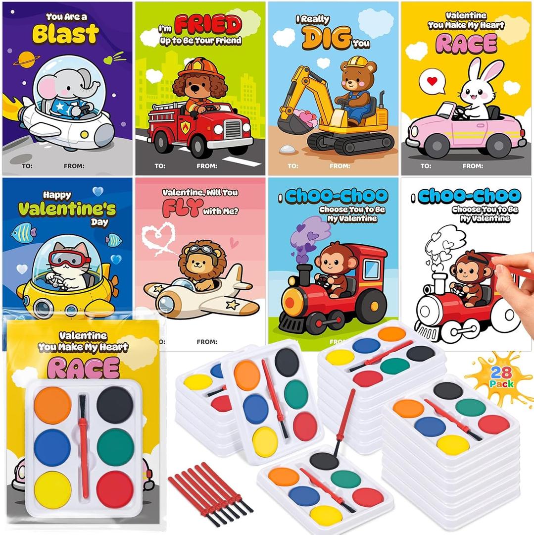 Valentines Day Cards for Kids School, 28 Pack Watercolor Paint Sets with Greeting Cards, Valentines Day Gifts for Kids Classroom Prize Exchange Gifts, Valentine Party Favors for Boys Girls