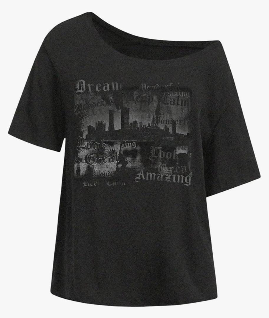 Women's Off The Shoulder Tops Graphic Goth Tee Y2k Vintage Asymmetrical Neck Oversized T Shirts, Large, Black 