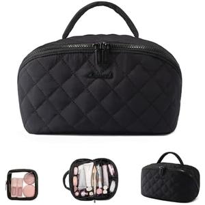 LOVEVOOK Travel Makeup Bag for Women, 1Pcs Set Puffer Waterproof Cosmetic Organizer, Large Capacity Pouch Open Flat Toiletry Bag with Divider & Handle, Portable Gift for Her, Black