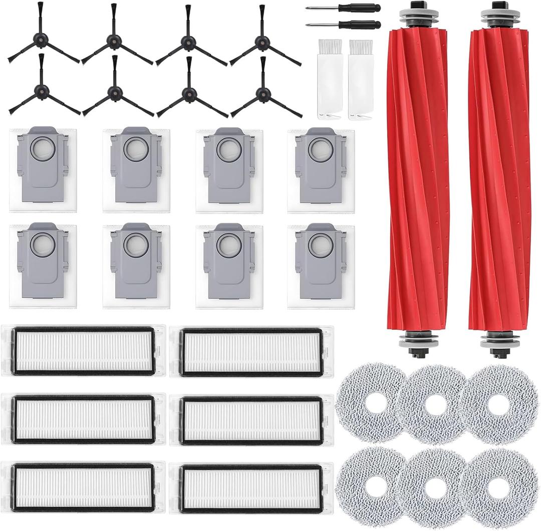 DTESL 34 Pcs Q Revo Replacement Accessories for Roborock Robot Vacuum, 2 Main Brush, 6 HEPA Filter,8 Dust Bag, 8 Side Brushe,6 Mop Cloth Pad, 4 Cleaning Tool