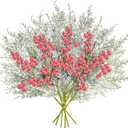 GoClimber 6 Pcs Snowy Artificial Cedar Picks with Red Berries, Christmas Tree Picks Frosted Faux Cedar Sprays with Greenery Branches Stems, Floral Picks for Vase Fillers Craft Wreath Holiday Dcor