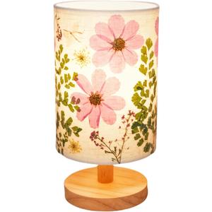Dried Flowers Small Table Lamp 5W LED 3-Color Pressed Flower Bedside Lamp Linen Shade with Wood Base for Bedroom Living Room Desk Nursery