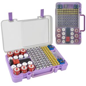 Battery Organizer Storage Case with Tester Checker. Batteries Holder Box Container for 120+ AA AAA 9V C D Lithium CR2025 CR1632 CR2032 Coin Cell Battery with Wall-Mounted Design -Purple